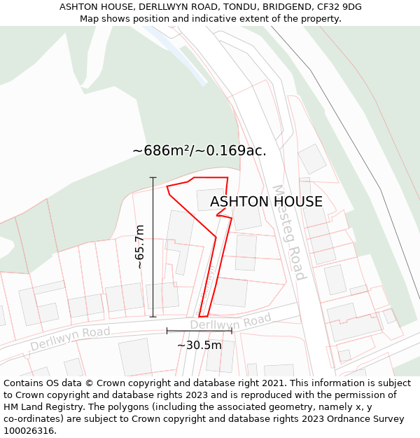 ASHTON HOUSE, DERLLWYN ROAD, TONDU, BRIDGEND, CF32 9DG: Plot and title map