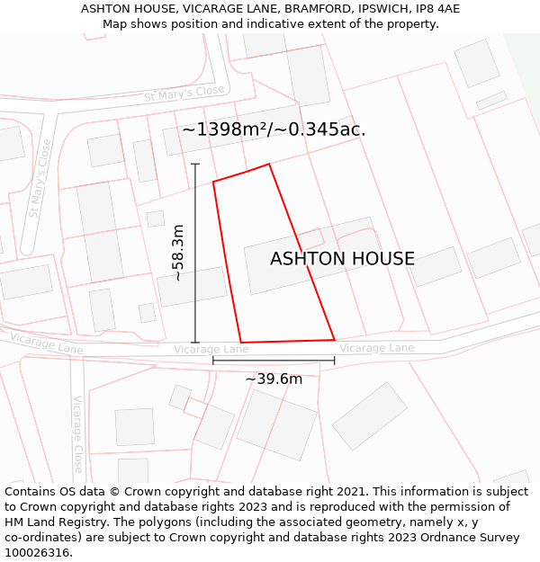 ASHTON HOUSE, VICARAGE LANE, BRAMFORD, IPSWICH, IP8 4AE: Plot and title map