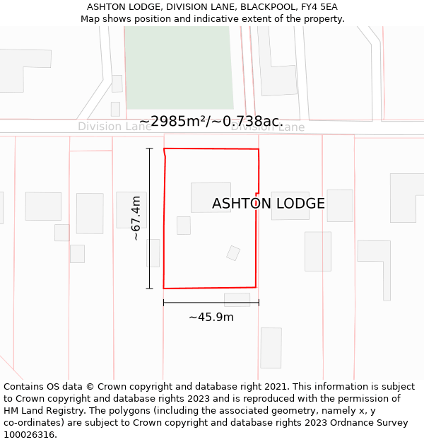 ASHTON LODGE, DIVISION LANE, BLACKPOOL, FY4 5EA: Plot and title map