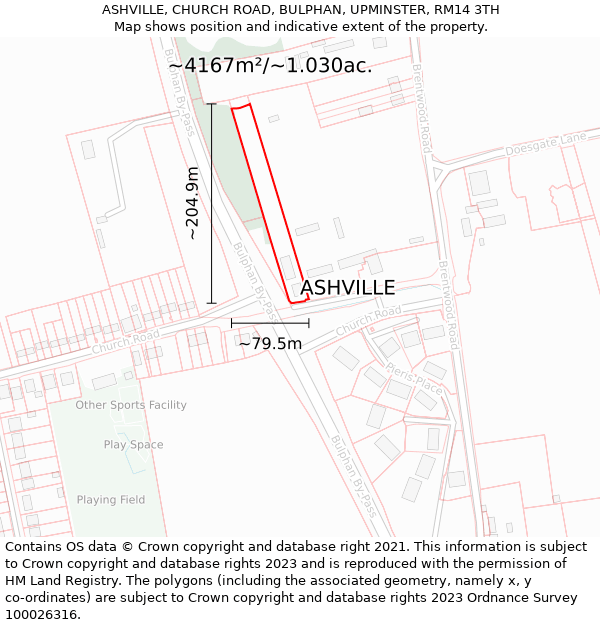 ASHVILLE, CHURCH ROAD, BULPHAN, UPMINSTER, RM14 3TH: Plot and title map