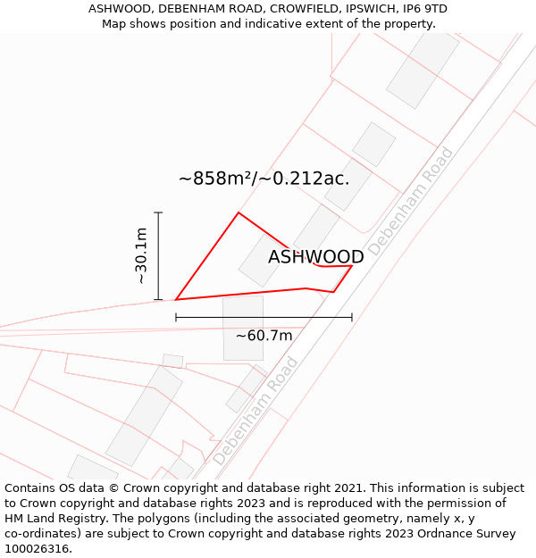 ASHWOOD, DEBENHAM ROAD, CROWFIELD, IPSWICH, IP6 9TD: Plot and title map