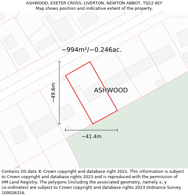 ASHWOOD, EXETER CROSS, LIVERTON, NEWTON ABBOT, TQ12 6EY: Plot and title map