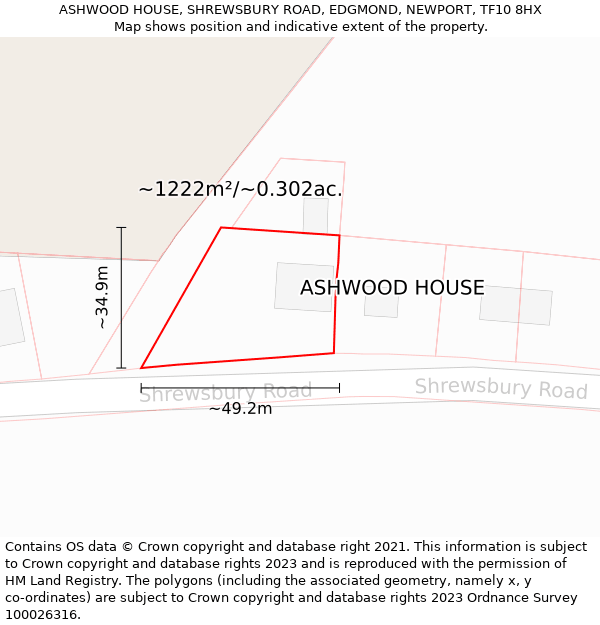 ASHWOOD HOUSE, SHREWSBURY ROAD, EDGMOND, NEWPORT, TF10 8HX: Plot and title map