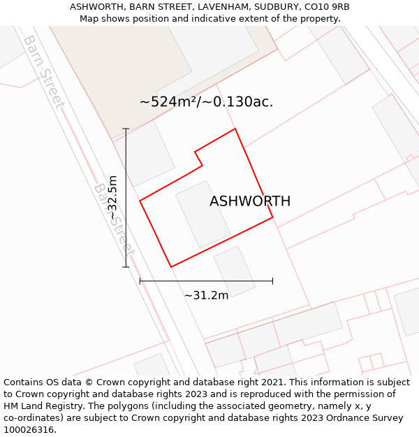 ASHWORTH, BARN STREET, LAVENHAM, SUDBURY, CO10 9RB: Plot and title map