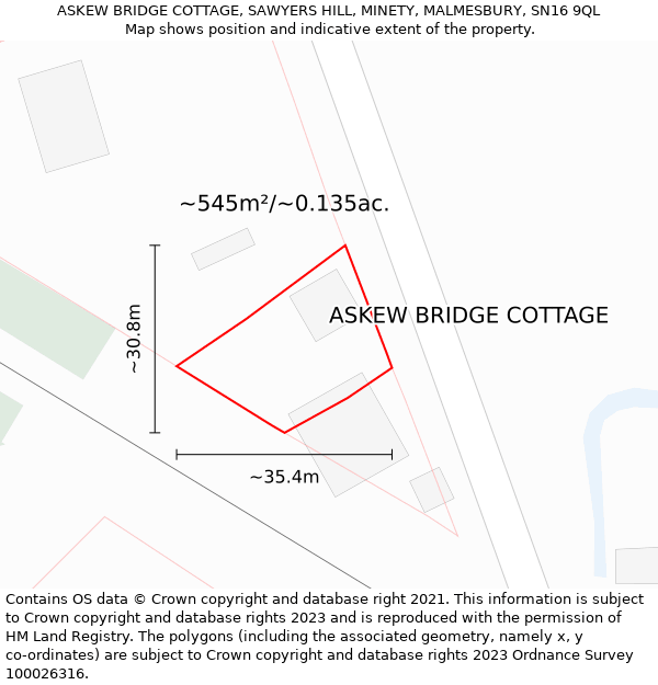 ASKEW BRIDGE COTTAGE, SAWYERS HILL, MINETY, MALMESBURY, SN16 9QL: Plot and title map