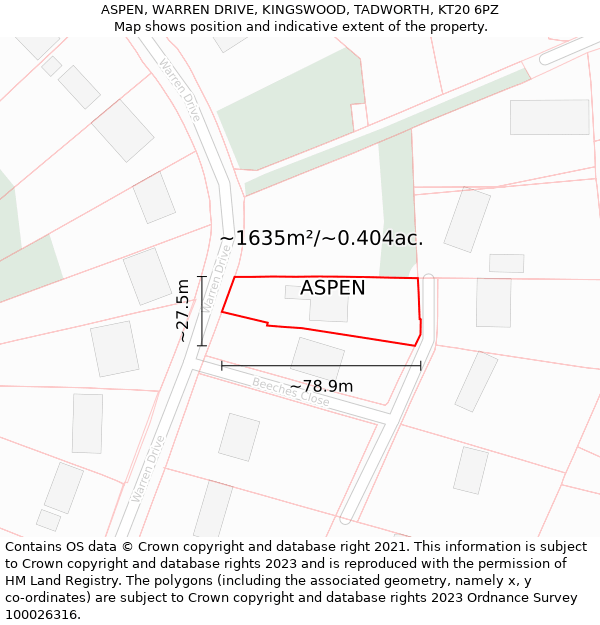 ASPEN, WARREN DRIVE, KINGSWOOD, TADWORTH, KT20 6PZ: Plot and title map