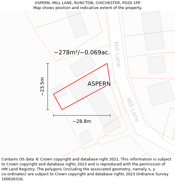 ASPERN, MILL LANE, RUNCTON, CHICHESTER, PO20 1PP: Plot and title map