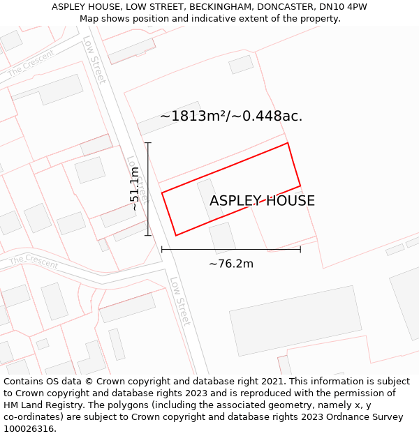 ASPLEY HOUSE, LOW STREET, BECKINGHAM, DONCASTER, DN10 4PW: Plot and title map