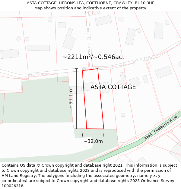 ASTA COTTAGE, HERONS LEA, COPTHORNE, CRAWLEY, RH10 3HE: Plot and title map