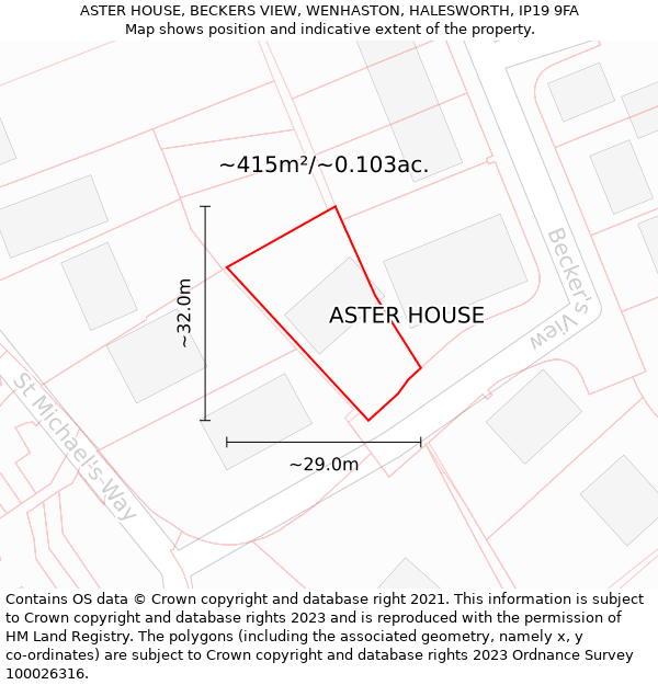 ASTER HOUSE, BECKERS VIEW, WENHASTON, HALESWORTH, IP19 9FA: Plot and title map