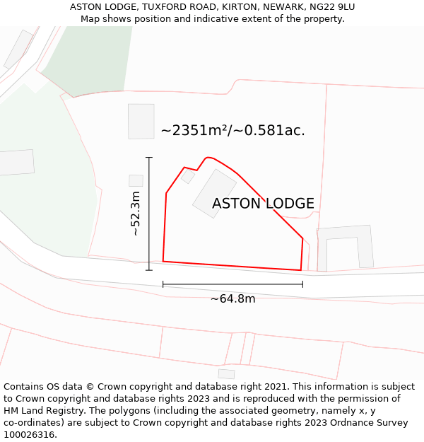 ASTON LODGE, TUXFORD ROAD, KIRTON, NEWARK, NG22 9LU: Plot and title map