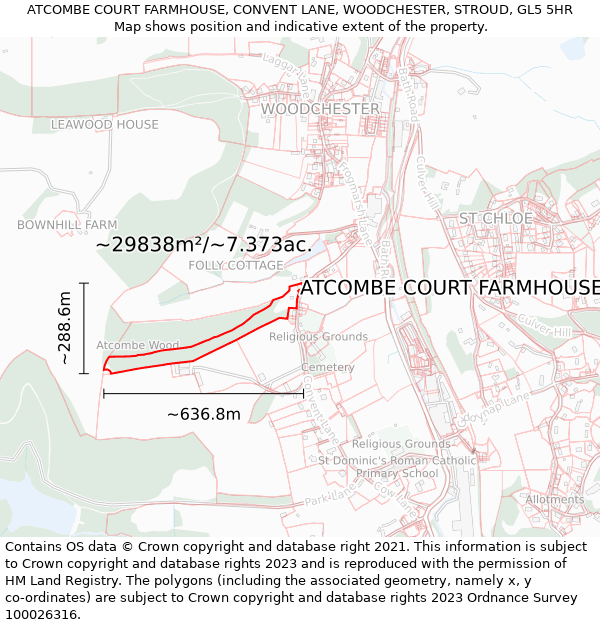 ATCOMBE COURT FARMHOUSE, CONVENT LANE, WOODCHESTER, STROUD, GL5 5HR: Plot and title map