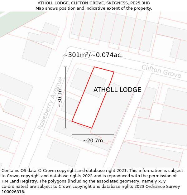 ATHOLL LODGE, CLIFTON GROVE, SKEGNESS, PE25 3HB: Plot and title map