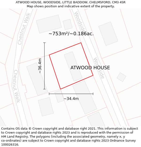 ATWOOD HOUSE, WOODSIDE, LITTLE BADDOW, CHELMSFORD, CM3 4SR: Plot and title map