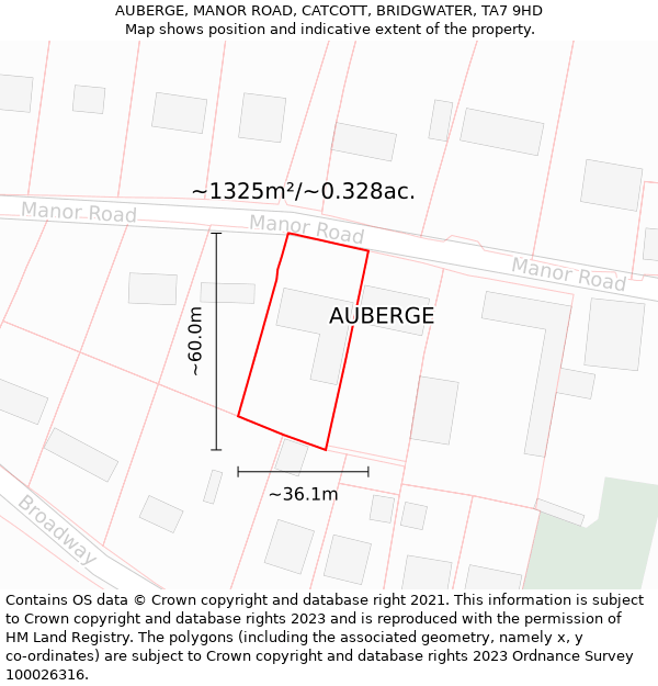 AUBERGE, MANOR ROAD, CATCOTT, BRIDGWATER, TA7 9HD: Plot and title map