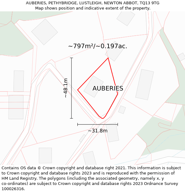 AUBERIES, PETHYBRIDGE, LUSTLEIGH, NEWTON ABBOT, TQ13 9TG: Plot and title map