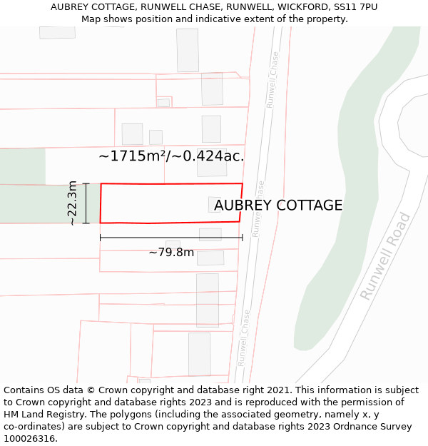 AUBREY COTTAGE, RUNWELL CHASE, RUNWELL, WICKFORD, SS11 7PU: Plot and title map