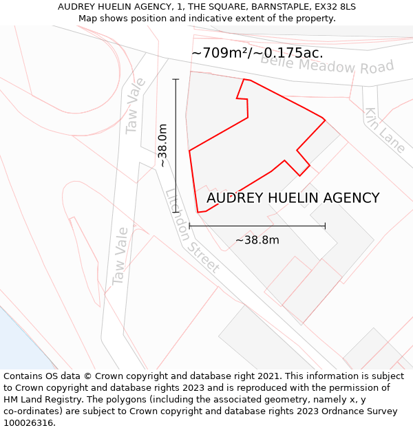 AUDREY HUELIN AGENCY, 1, THE SQUARE, BARNSTAPLE, EX32 8LS: Plot and title map