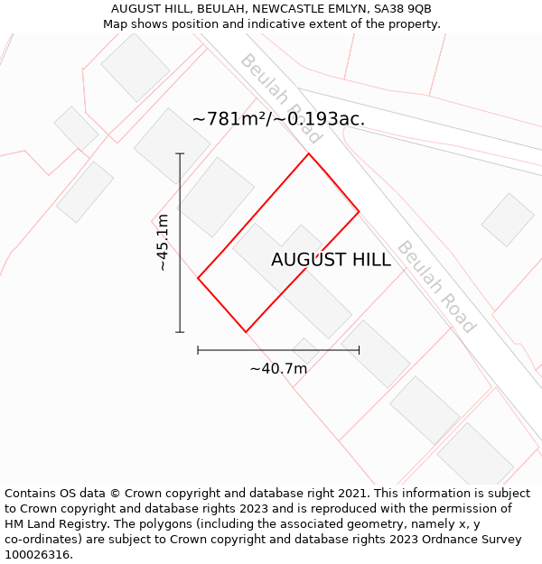 AUGUST HILL, BEULAH, NEWCASTLE EMLYN, SA38 9QB: Plot and title map