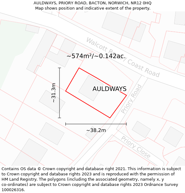 AULDWAYS, PRIORY ROAD, BACTON, NORWICH, NR12 0HQ: Plot and title map