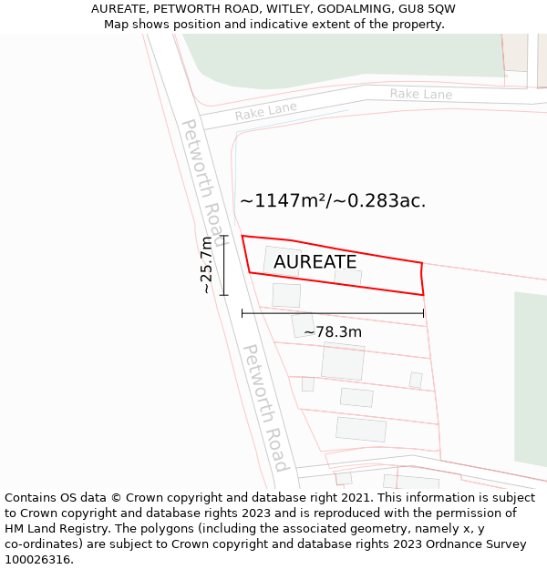 AUREATE, PETWORTH ROAD, WITLEY, GODALMING, GU8 5QW: Plot and title map