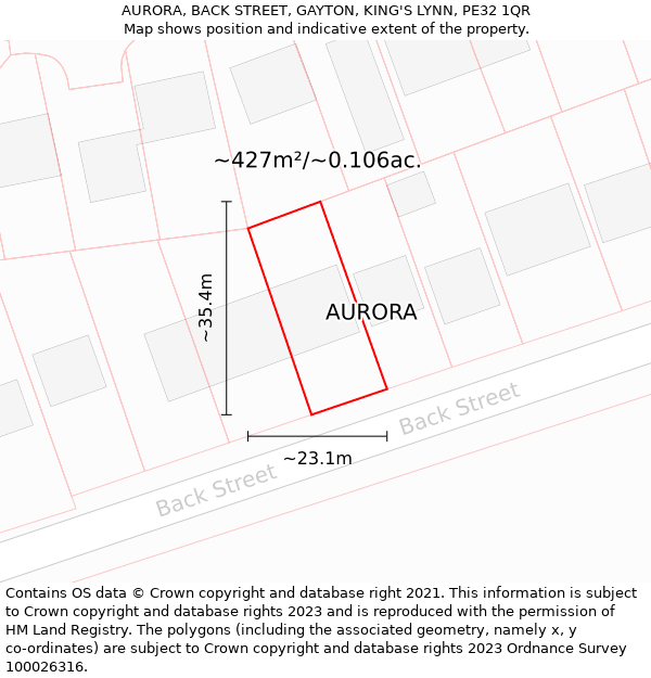 AURORA, BACK STREET, GAYTON, KING'S LYNN, PE32 1QR: Plot and title map