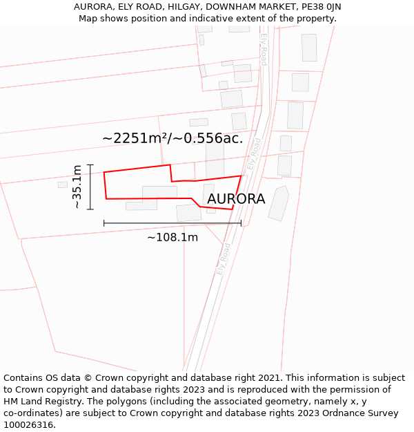 AURORA, ELY ROAD, HILGAY, DOWNHAM MARKET, PE38 0JN: Plot and title map