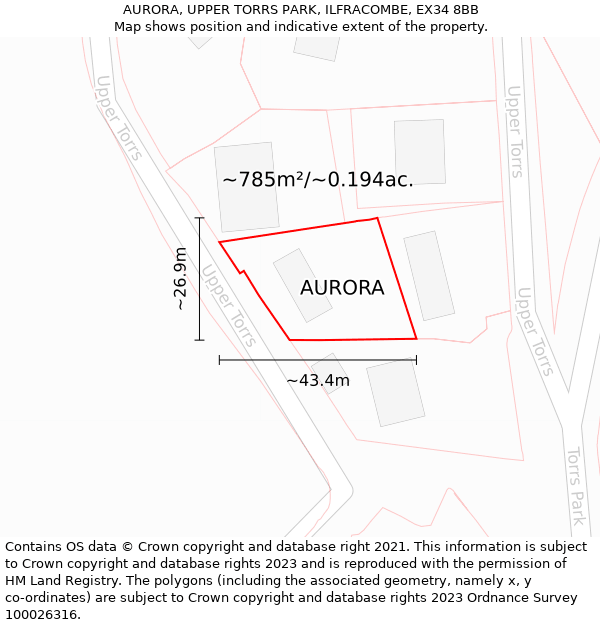 AURORA, UPPER TORRS PARK, ILFRACOMBE, EX34 8BB: Plot and title map