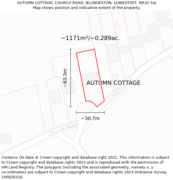 AUTUMN COTTAGE, CHURCH ROAD, BLUNDESTON, LOWESTOFT, NR32 5AJ: Plot and title map