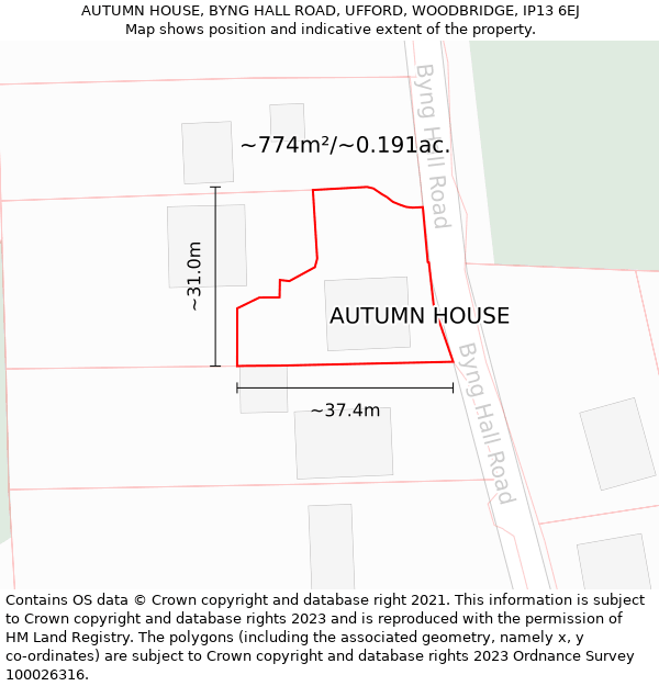 AUTUMN HOUSE, BYNG HALL ROAD, UFFORD, WOODBRIDGE, IP13 6EJ: Plot and title map
