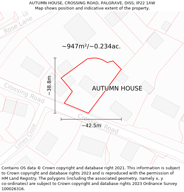 AUTUMN HOUSE, CROSSING ROAD, PALGRAVE, DISS, IP22 1AW: Plot and title map