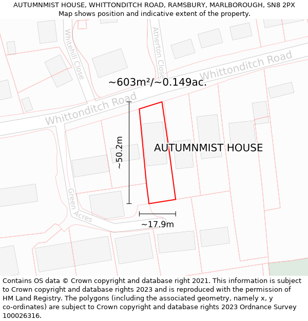 AUTUMNMIST HOUSE, WHITTONDITCH ROAD, RAMSBURY, MARLBOROUGH, SN8 2PX: Plot and title map