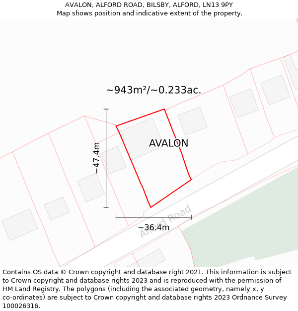 AVALON, ALFORD ROAD, BILSBY, ALFORD, LN13 9PY: Plot and title map