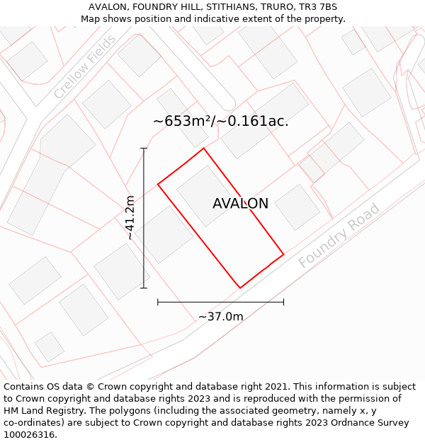 AVALON, FOUNDRY HILL, STITHIANS, TRURO, TR3 7BS: Plot and title map