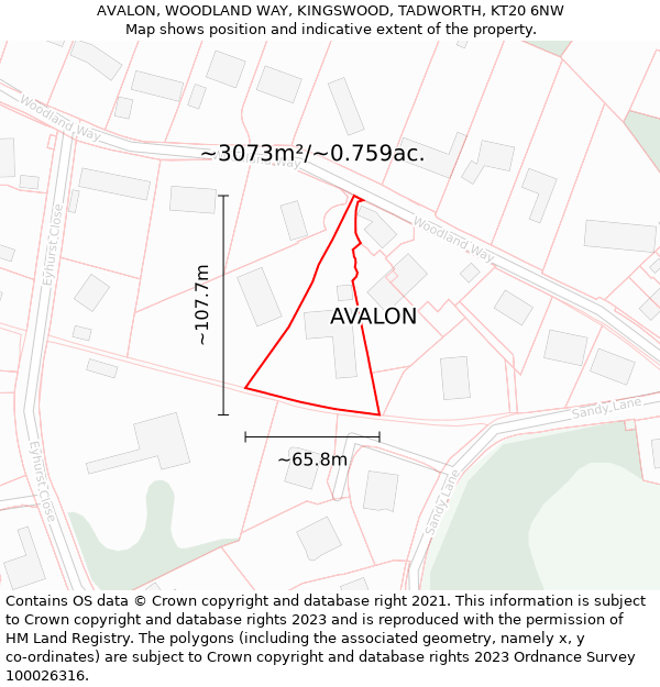 AVALON, WOODLAND WAY, KINGSWOOD, TADWORTH, KT20 6NW: Plot and title map