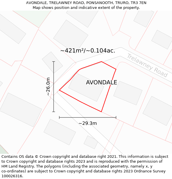 AVONDALE, TRELAWNEY ROAD, PONSANOOTH, TRURO, TR3 7EN: Plot and title map