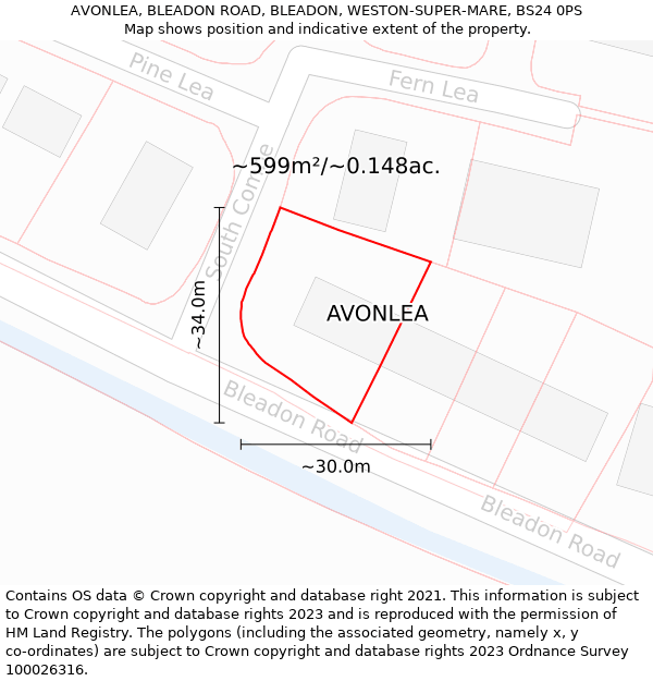 AVONLEA, BLEADON ROAD, BLEADON, WESTON-SUPER-MARE, BS24 0PS: Plot and title map