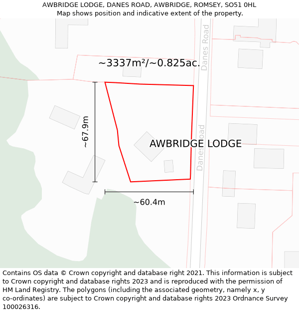 AWBRIDGE LODGE, DANES ROAD, AWBRIDGE, ROMSEY, SO51 0HL: Plot and title map