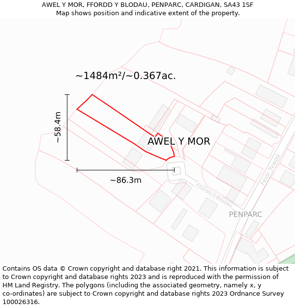 AWEL Y MOR, FFORDD Y BLODAU, PENPARC, CARDIGAN, SA43 1SF: Plot and title map