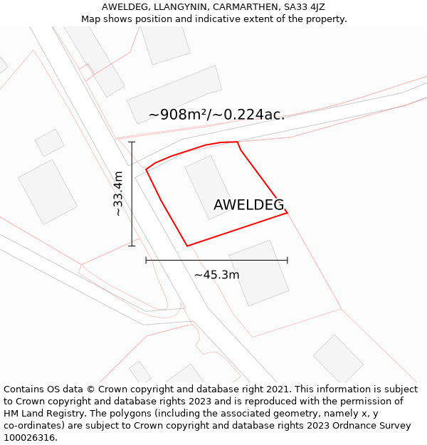 AWELDEG, LLANGYNIN, CARMARTHEN, SA33 4JZ: Plot and title map