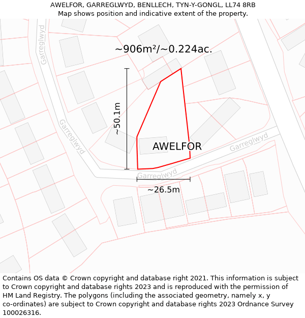 AWELFOR, GARREGLWYD, BENLLECH, TYN-Y-GONGL, LL74 8RB: Plot and title map