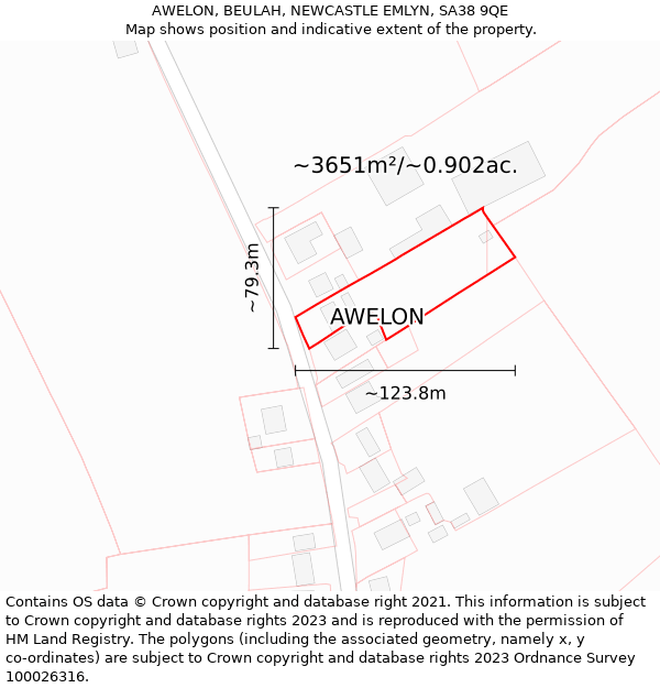 AWELON, BEULAH, NEWCASTLE EMLYN, SA38 9QE: Plot and title map