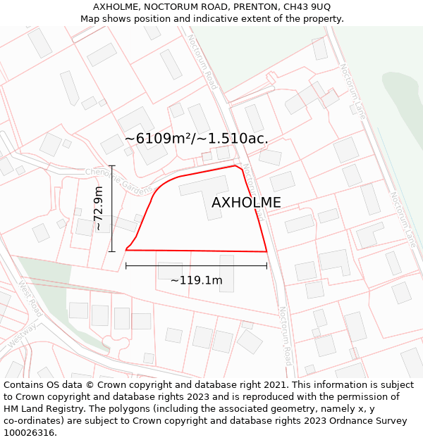 AXHOLME, NOCTORUM ROAD, PRENTON, CH43 9UQ: Plot and title map