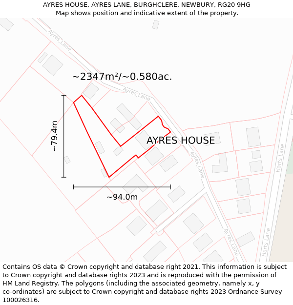 AYRES HOUSE, AYRES LANE, BURGHCLERE, NEWBURY, RG20 9HG: Plot and title map