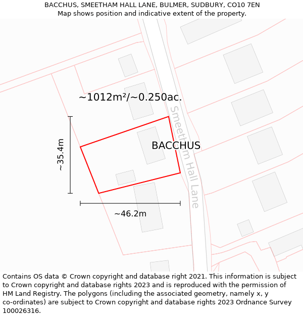 BACCHUS, SMEETHAM HALL LANE, BULMER, SUDBURY, CO10 7EN: Plot and title map