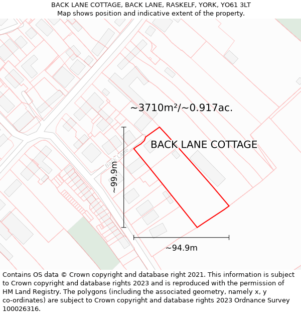 BACK LANE COTTAGE, BACK LANE, RASKELF, YORK, YO61 3LT: Plot and title map