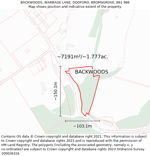 BACKWOODS, WARBAGE LANE, DODFORD, BROMSGROVE, B61 9BE: Plot and title map