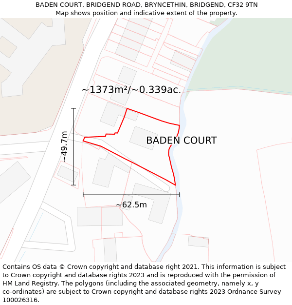 BADEN COURT, BRIDGEND ROAD, BRYNCETHIN, BRIDGEND, CF32 9TN: Plot and title map