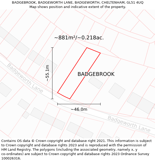 BADGEBROOK, BADGEWORTH LANE, BADGEWORTH, CHELTENHAM, GL51 4UQ: Plot and title map