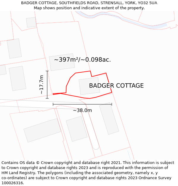 BADGER COTTAGE, SOUTHFIELDS ROAD, STRENSALL, YORK, YO32 5UA: Plot and title map